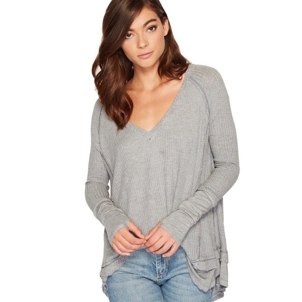 Free People Laguna Waffle Knit Thermal Grey Lightweight Size XS Bohemian Sweater